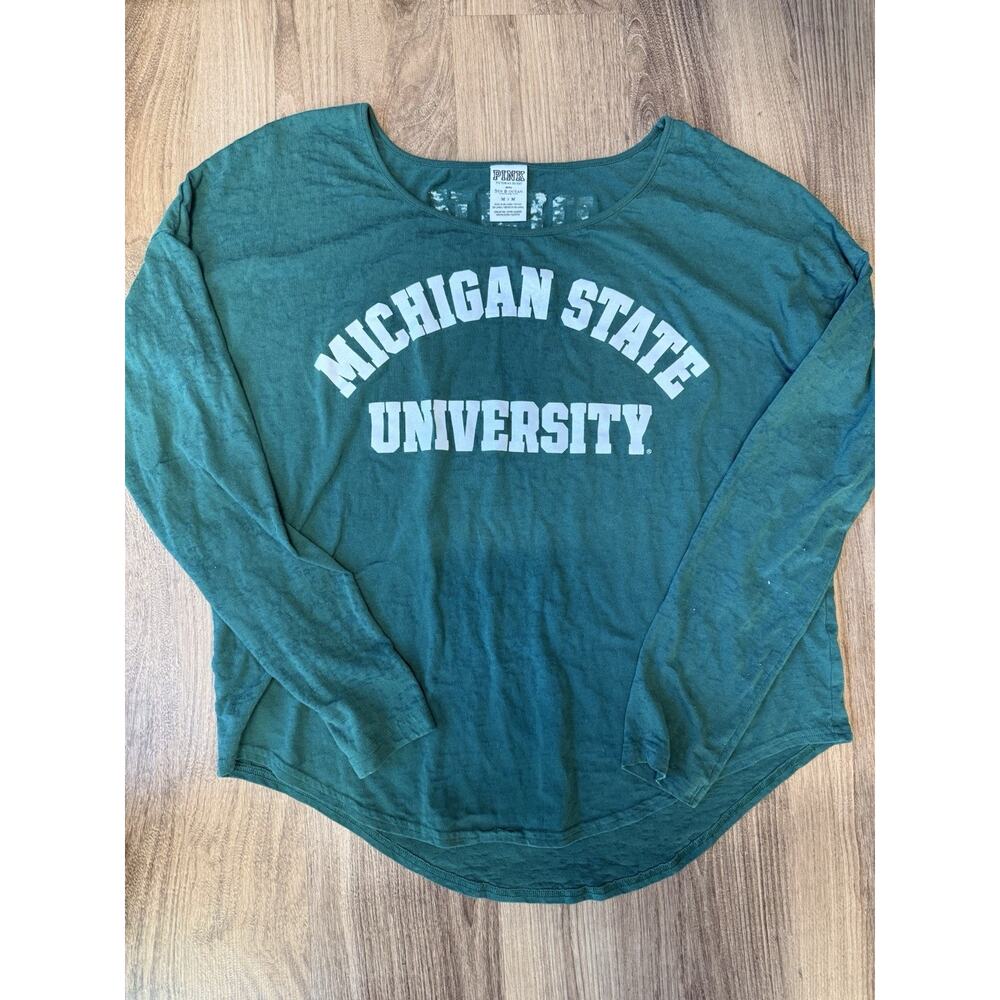 PINK Victoria’s Secret Michigan State University LS Tee Green M Oversized